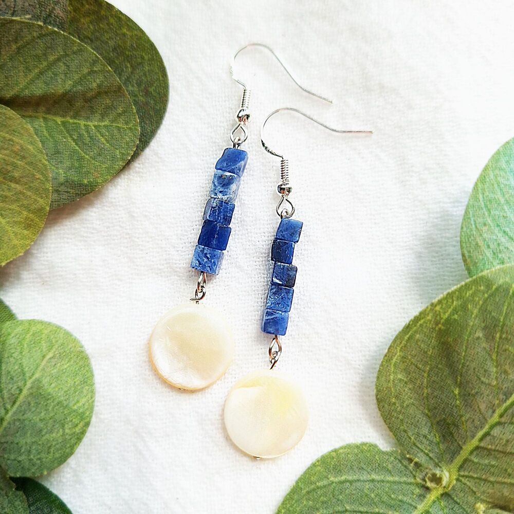 Sodalite Stone & Shell Earrings, Elegant Coastal Earrings, Minimalist Earrings
